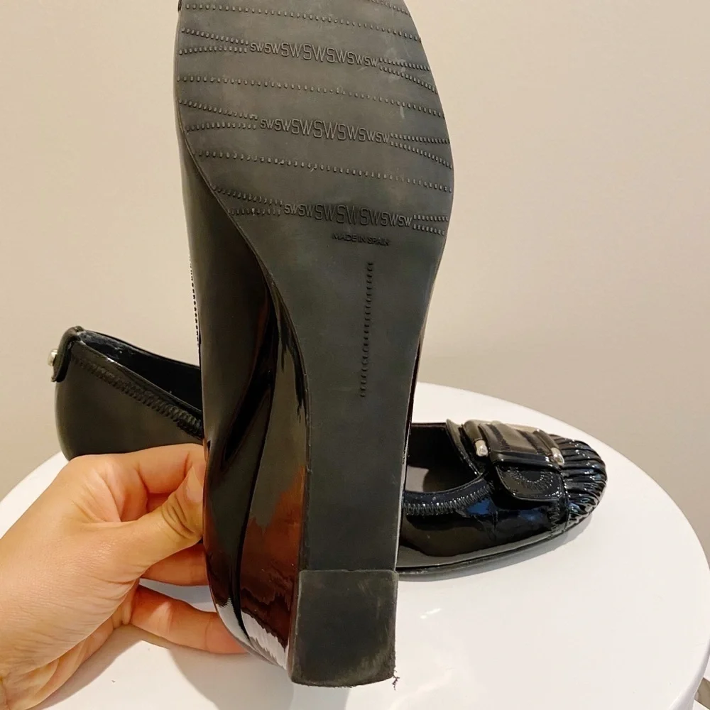 Stuart Weitzman Black Patent Buckle Wedge‎ Heels 9